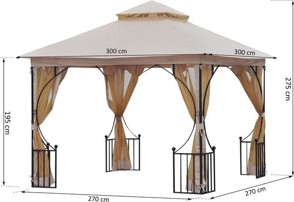 VivaGarden Gazebo da Giardino 3x3 mt in Ferro/Tessuto con Doppio tetto Protezione raggi UV e Tende colore Beige