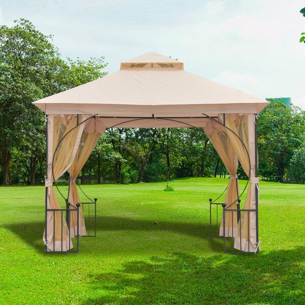 VivaGarden Gazebo da Giardino 3x3 mt in Ferro/Tessuto con Doppio tetto Protezione raggi UV e Tende colore Beige