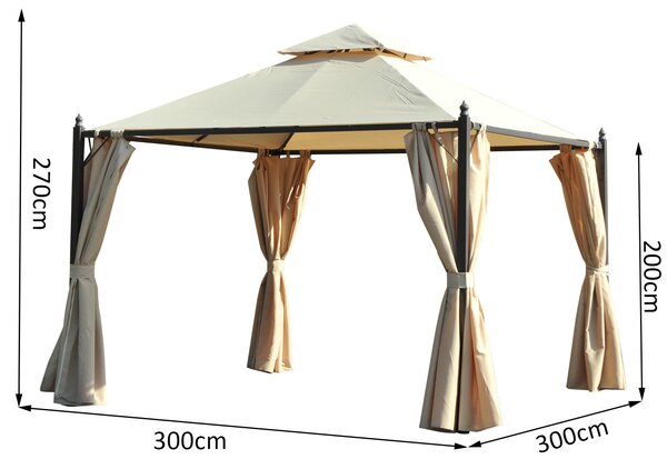 VivaGarden Gazebo da Giardino 3x3 mt in Ferro/Tessuto con Doppio tetto Protezione raggi UV e Tende colore Beige