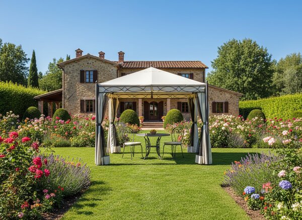 Amicasa Gazebo da Giardino 3x3 mt in Ferro/Tessuto con Tende e Zanzariere colore Bianco - Oregon