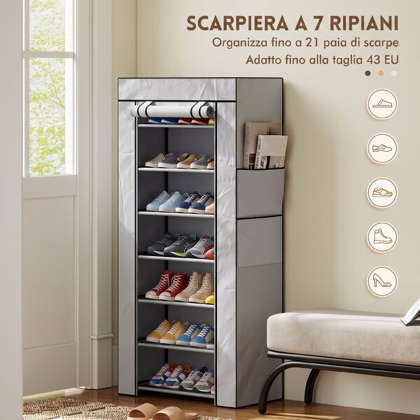 HOMCOM Scarpiera a 7 ripiani in acciaio con copertura TNT, 60x30x126 cm, grigio | Aosom Italy
