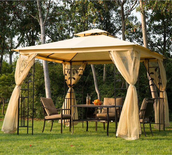 VivaGarden Gazebo da Giardino 3x3 mt in Metallo/Tessuto con Doppio tetto e Tende colore Beige