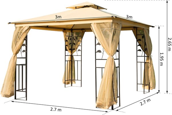 VivaGarden Gazebo da Giardino 3x3 mt in Metallo/Tessuto con Doppio tetto e Tende colore Beige