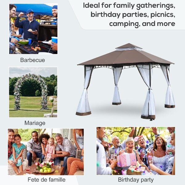 VivaGarden Gazebo da Giardino 3x3 mt in Metallo/Tessuto con Doppio tetto e Tende colore Marrone - Outsunny