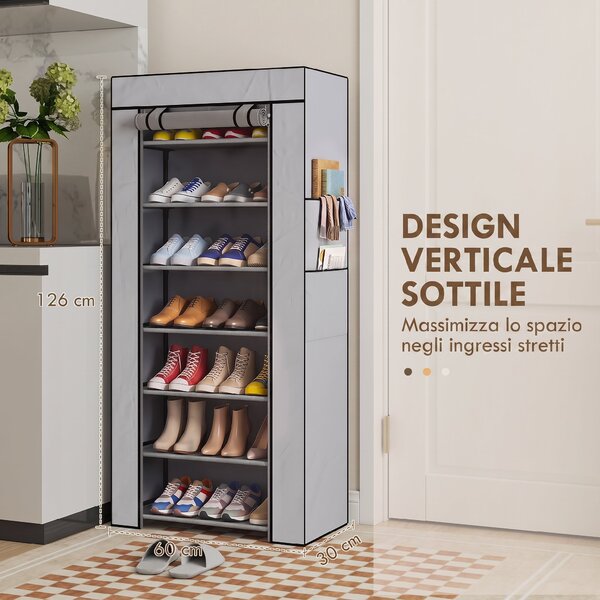 HOMCOM Scarpiera a 7 ripiani in acciaio con copertura TNT, 60x30x126 cm, grigio | Aosom Italy