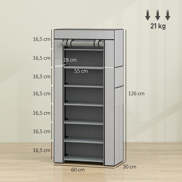 HOMCOM Scarpiera a 7 ripiani in acciaio con copertura TNT, 60x30x126 cm, grigio | Aosom Italy