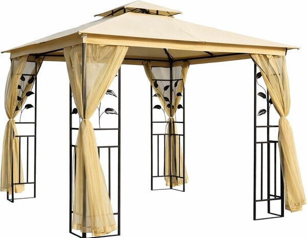 VivaGarden Gazebo da Giardino 3x3 mt in Metallo/Tessuto con Doppio tetto e Tende colore Beige