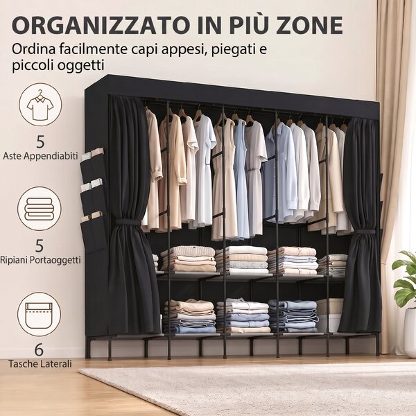 HOMCOM Armadio in tessuto con 5 aste, 5 ripiani, 6 tasche e ante con zip, nero | Aosom Italy