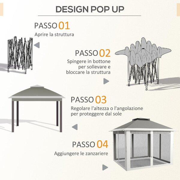 VivaGarden Gazebo da Giardino 3x3 mt in Metallo/Tessuto con Doppio tetto e Zanzariere colore Grigio Scuro