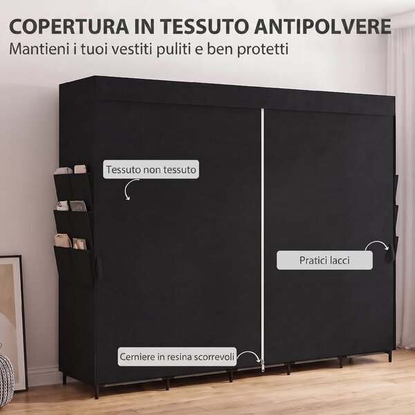 HOMCOM Armadio in tessuto con 5 aste, 5 ripiani, 6 tasche e ante con zip, nero | Aosom Italy