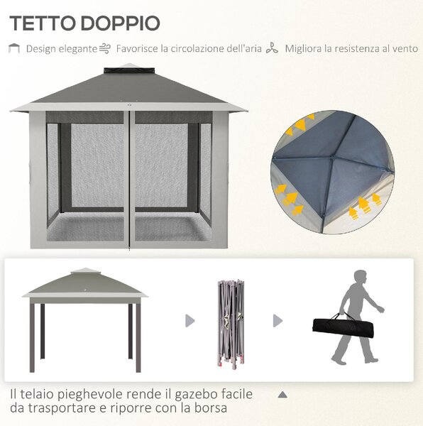VivaGarden Gazebo da Giardino 3x3 mt in Metallo/Tessuto con Doppio tetto e Zanzariere colore Grigio Scuro