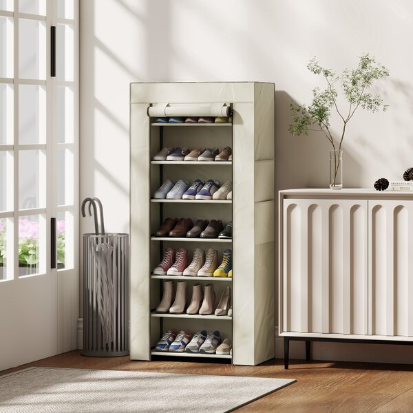 HOMCOM Scarpiera slim a 7 ripiani per 14-21 Paia di Scarpe con copertura in TNT e 2 tasche, beige | Aosom Italy
