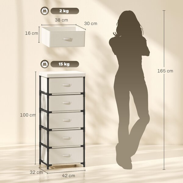 HOMCOM Cassettiera con 5 cassetti in tessuto e struttura in acciaio, beige | Aosom Italy