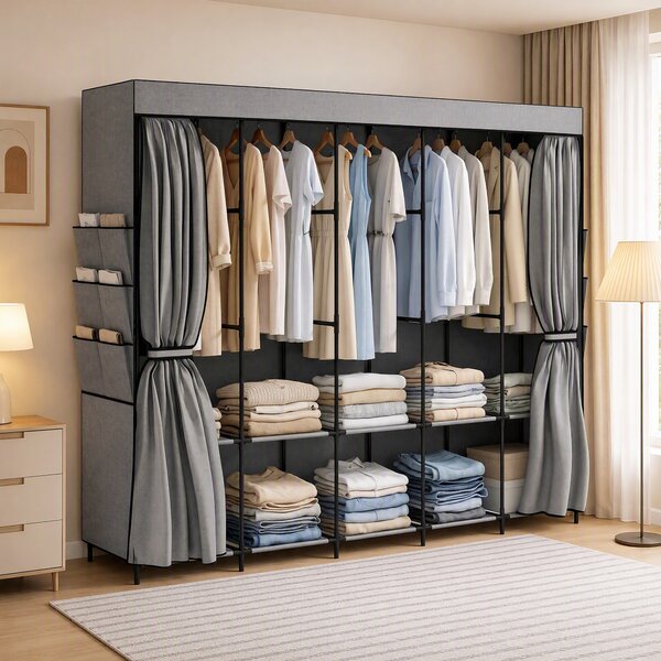 HOMCOM Armadio in tela con 5 aste, 5 ripiani e 6 tasche, 212x45x167 cm, grigio | Aosom Italy