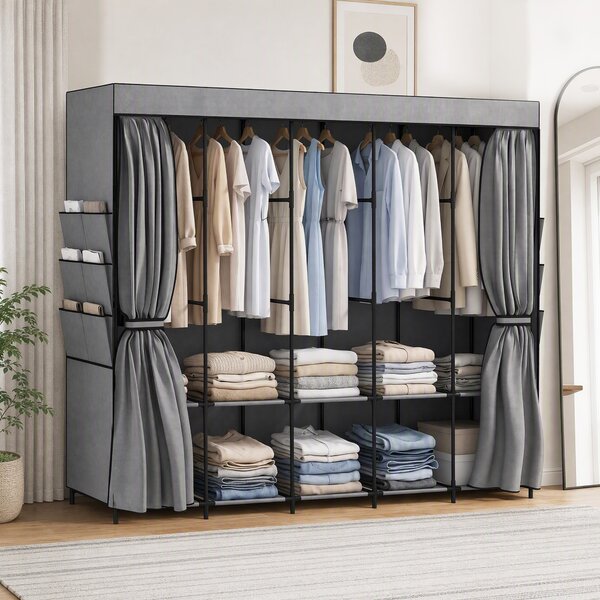 HOMCOM Armadio in tela con 5 aste, 5 ripiani e 6 tasche, 212x45x167 cm, grigio | Aosom Italy