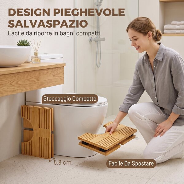 HOMCOM Sgabello da toilette pieghevole in bambù con piedini antiscivolo, rovere | Aosom Italy