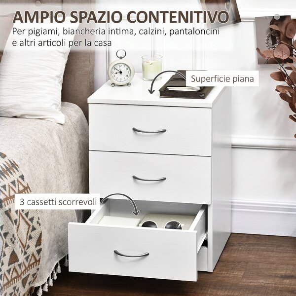 HOMCOM Comodino con 3 cassetti e design antiribaltamento, 40x35x58 cm, bianco | Aosom Italy