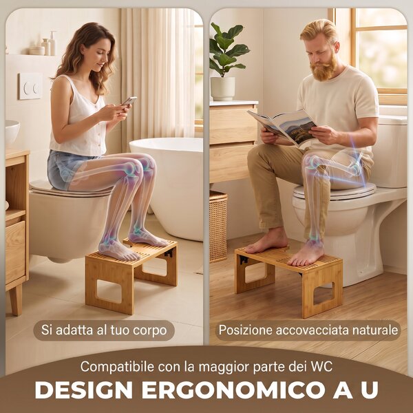 HOMCOM Sgabello da toilette pieghevole in bambù con piedini antiscivolo, rovere | Aosom Italy