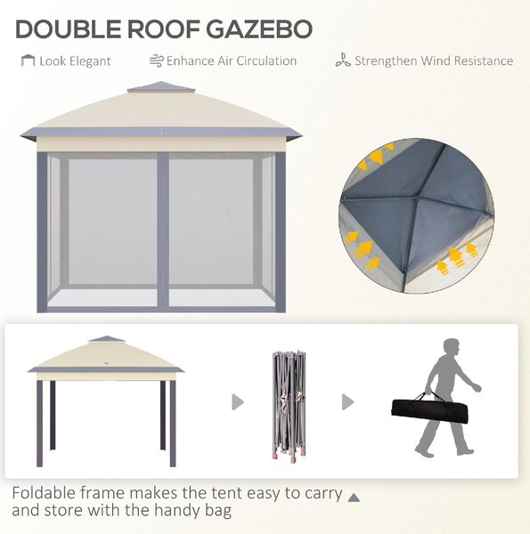 VivaGarden Gazebo da Giardino 3x3 mt Pieghevole in Acciaio/Tessuto con Doppio tetto e Tende colore Beige