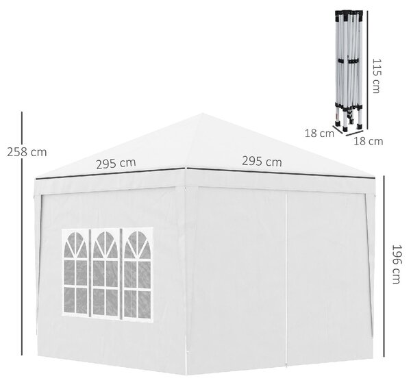 VivaGarden Gazebo da Giardino 3x3 mt Pieghevole in Acciaio/Tessuto con Protezione raggi UV e Tende Laterali con Finestre colore Bianco