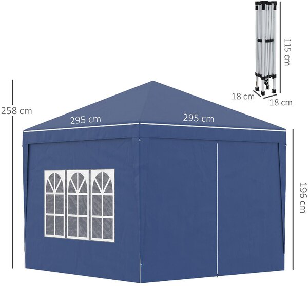 VivaGarden Gazebo da Giardino 3x3 mt Pieghevole in Acciaio/Tessuto con Protezione raggi UV e Tende Laterali con Finestre colore Blu