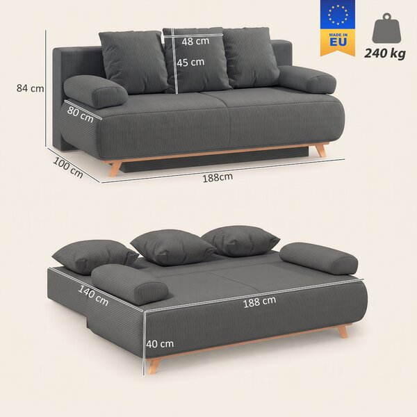 HOMCOM Divano letto con schienale reclinabile, vano contenitore e velluto a coste, grigio | Aosom Italy