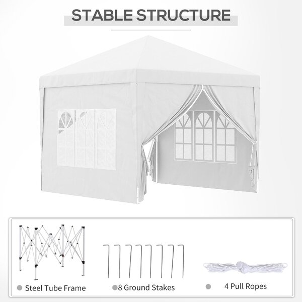 VivaGarden Gazebo da Giardino 3x3 mt Pieghevole in Acciaio/Tessuto con Protezione raggi UV e Tende Laterali con Finestre colore Bianco