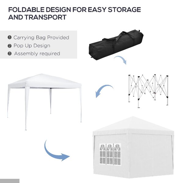 VivaGarden Gazebo da Giardino 3x3 mt Pieghevole in Acciaio/Tessuto con Protezione raggi UV e Tende Laterali con Finestre colore Bianco