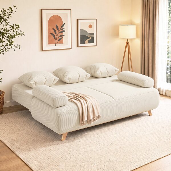 HOMCOM Divano letto con schienale regolabile, vano contenitore e tessuto a coste, beige | Aosom Italy