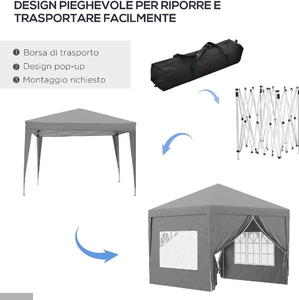 VivaGarden Gazebo da Giardino 3x3 mt Pieghevole in Acciaio/Tessuto con Protezione raggi UV e Tende Laterali con Finestre colore Grigio Chiaro