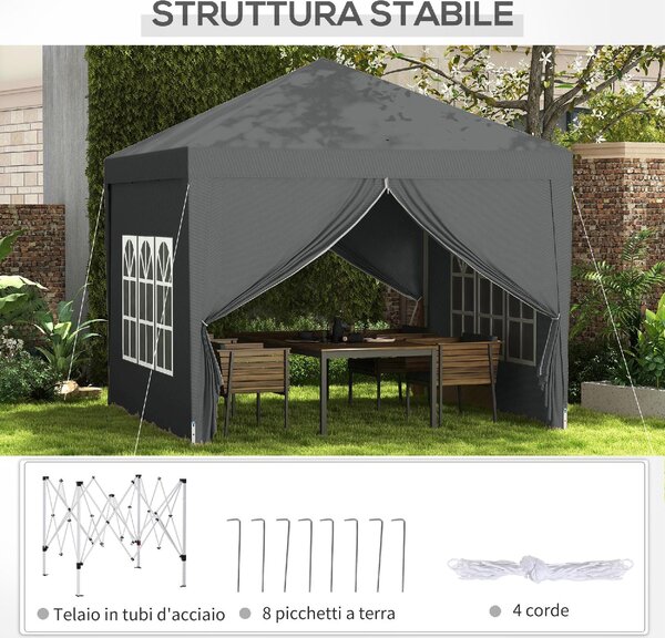 VivaGarden Gazebo da Giardino 3x3 mt Pieghevole in Acciaio/Tessuto con Protezione raggi UV e Tende Laterali con Finestre colore Grigio