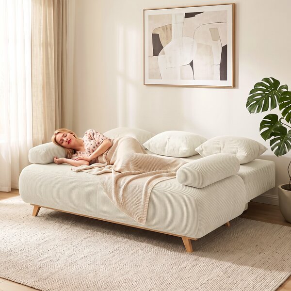 HOMCOM Divano letto con schienale regolabile, vano contenitore e tessuto a coste, beige | Aosom Italy