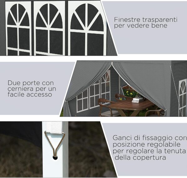 VivaGarden Gazebo da Giardino 3x3 mt Pieghevole in Acciaio/Tessuto con Protezione raggi UV e Tende Laterali con Finestre colore Grigio