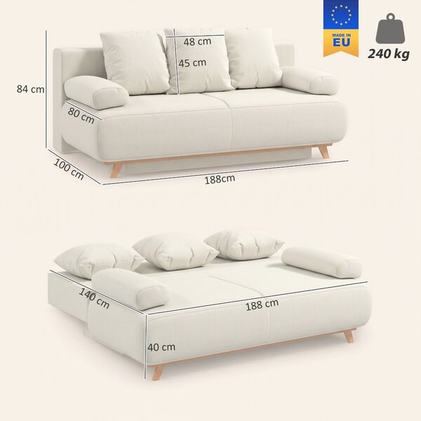 HOMCOM Divano letto con schienale regolabile, vano contenitore e tessuto a coste, beige | Aosom Italy