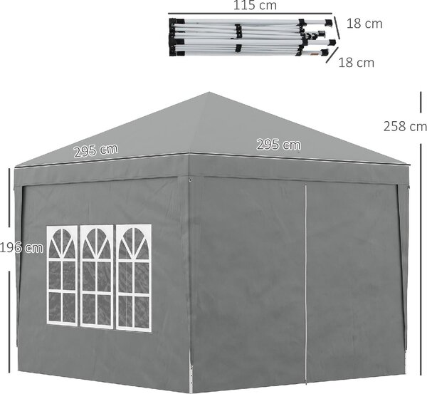 VivaGarden Gazebo da Giardino 3x3 mt Pieghevole in Acciaio/Tessuto con Protezione raggi UV e Tende Laterali con Finestre colore Grigio Chiaro