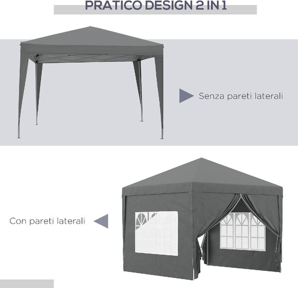 VivaGarden Gazebo da Giardino 3x3 mt Pieghevole in Acciaio/Tessuto con Protezione raggi UV e Tende Laterali con Finestre colore Grigio