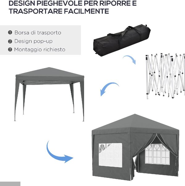 VivaGarden Gazebo da Giardino 3x3 mt Pieghevole in Acciaio/Tessuto con Protezione raggi UV e Tende Laterali con Finestre colore Grigio
