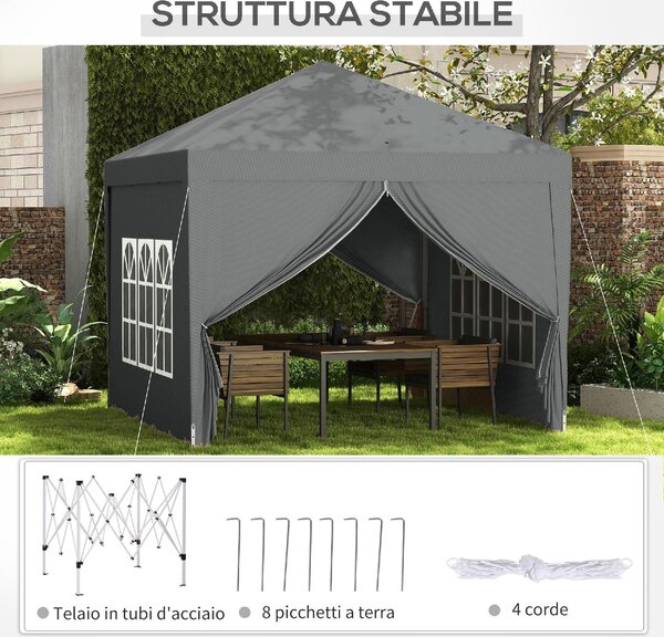 VivaGarden Gazebo da Giardino 3x3 mt Pieghevole in Acciaio/Tessuto con Protezione raggi UV e Tende Laterali con Finestre colore Grigio Chiaro