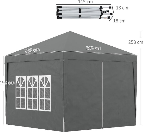VivaGarden Gazebo da Giardino 3x3 mt Pieghevole in Acciaio/Tessuto con Protezione raggi UV e Tende Laterali con Finestre colore Grigio