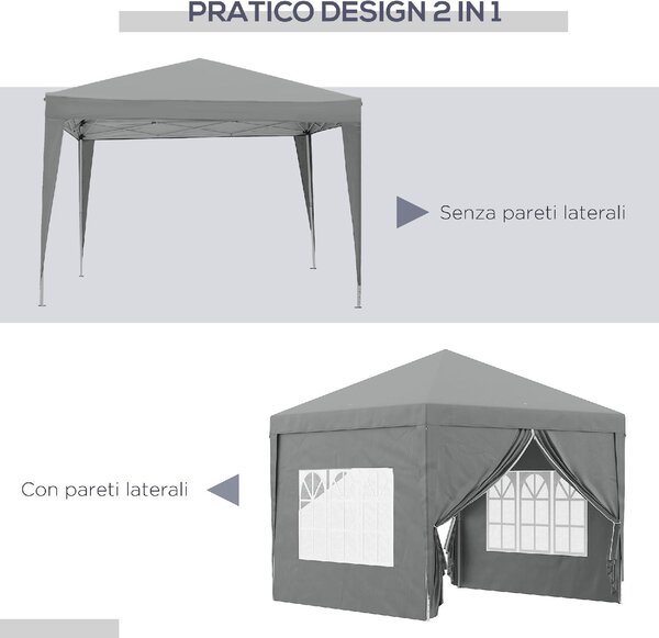 VivaGarden Gazebo da Giardino 3x3 mt Pieghevole in Acciaio/Tessuto con Protezione raggi UV e Tende Laterali con Finestre colore Grigio Chiaro
