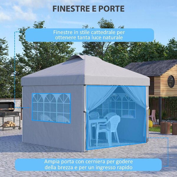 VivaGarden Gazebo da Giardino 3x3 mt Pieghevole in Acciaio/Tessuto con Protezione raggi UV e Tende Laterali con Finestre colore Grigio Chiaro