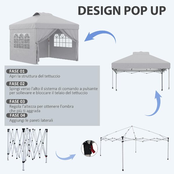 VivaGarden Gazebo da Giardino 3x3 mt Pieghevole in Acciaio/Tessuto con Protezione raggi UV e Tende Laterali con Finestre colore Grigio Chiaro