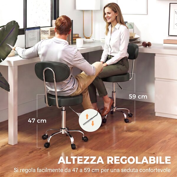 HOMCOM Sgabello con Ruote in Ecopelle PU, Regolabile, Seduta Imbottita e Schienale, Nero | Aosom Italy