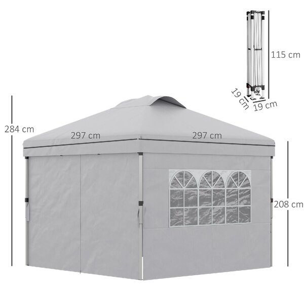 VivaGarden Gazebo da Giardino 3x3 mt Pieghevole in Acciaio/Tessuto con Protezione raggi UV e Tende Laterali con Finestre colore Grigio Chiaro