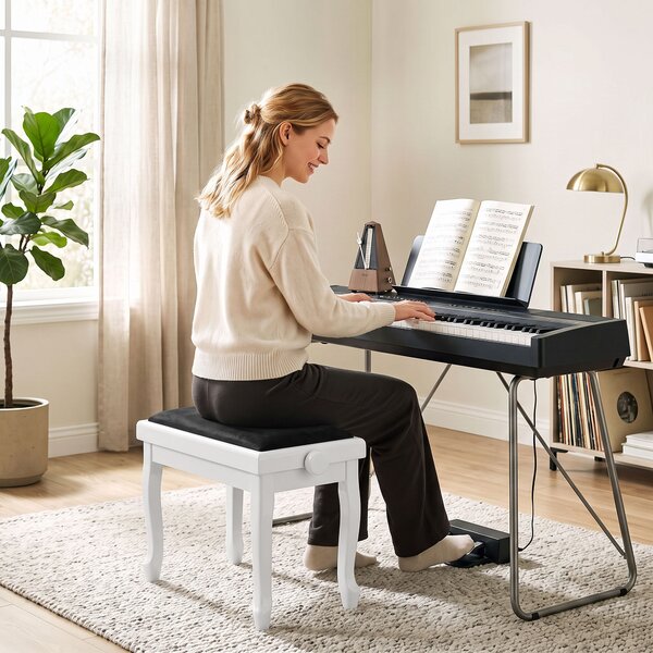HOMCOM Panca per pianoforte regolabile 45-56 cm con seduta in velluto, bianco | Aosom Italy
