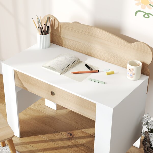 AIYAPLAY Set Scrivania per Bambini con Cassetto e Sedia con Schienale a Orsetto, Età 3-8 Anni, Legno | Aosom Italy