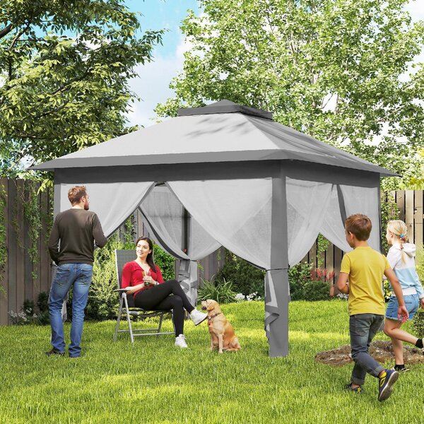 VivaGarden Gazebo da Giardino 3x3 mt Pieghevole in Metallo/Tessuto con Doppio tetto e Zanzariere colore Grigio