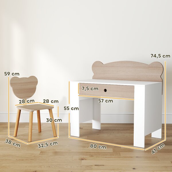 AIYAPLAY Set Scrivania per Bambini con Cassetto e Sedia con Schienale a Orsetto, Età 3-8 Anni, Legno | Aosom Italy