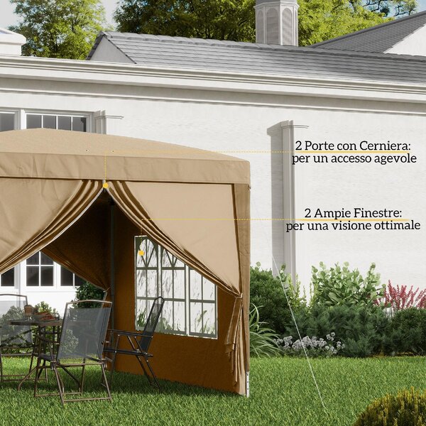VivaGarden Gazebo da Giardino 3x3 mt Pieghevole in Acciaio/Tessuto Tende Laterali con Finestre colore Cachi