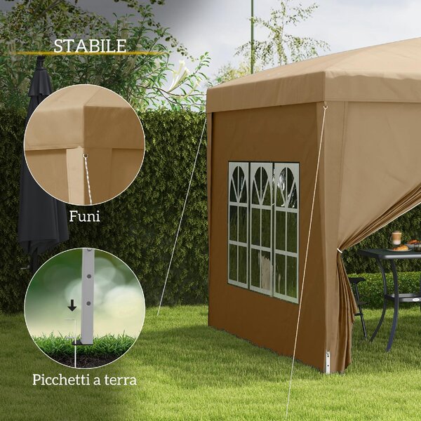 VivaGarden Gazebo da Giardino 3x3 mt Pieghevole in Acciaio/Tessuto Tende Laterali con Finestre colore Cachi